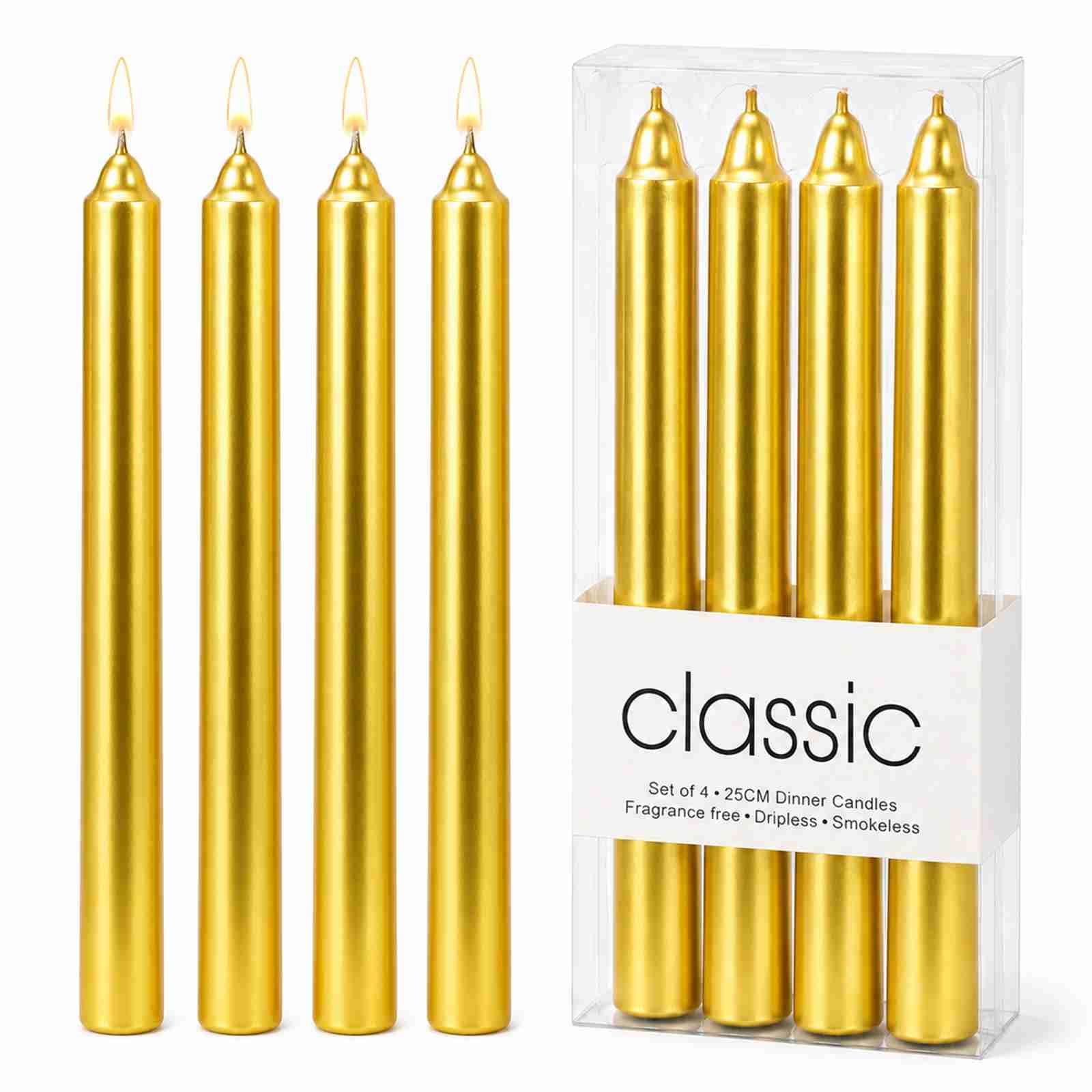 Gold Taper Candles, Metallic Finish, 15-Hour Burn, Set of 4