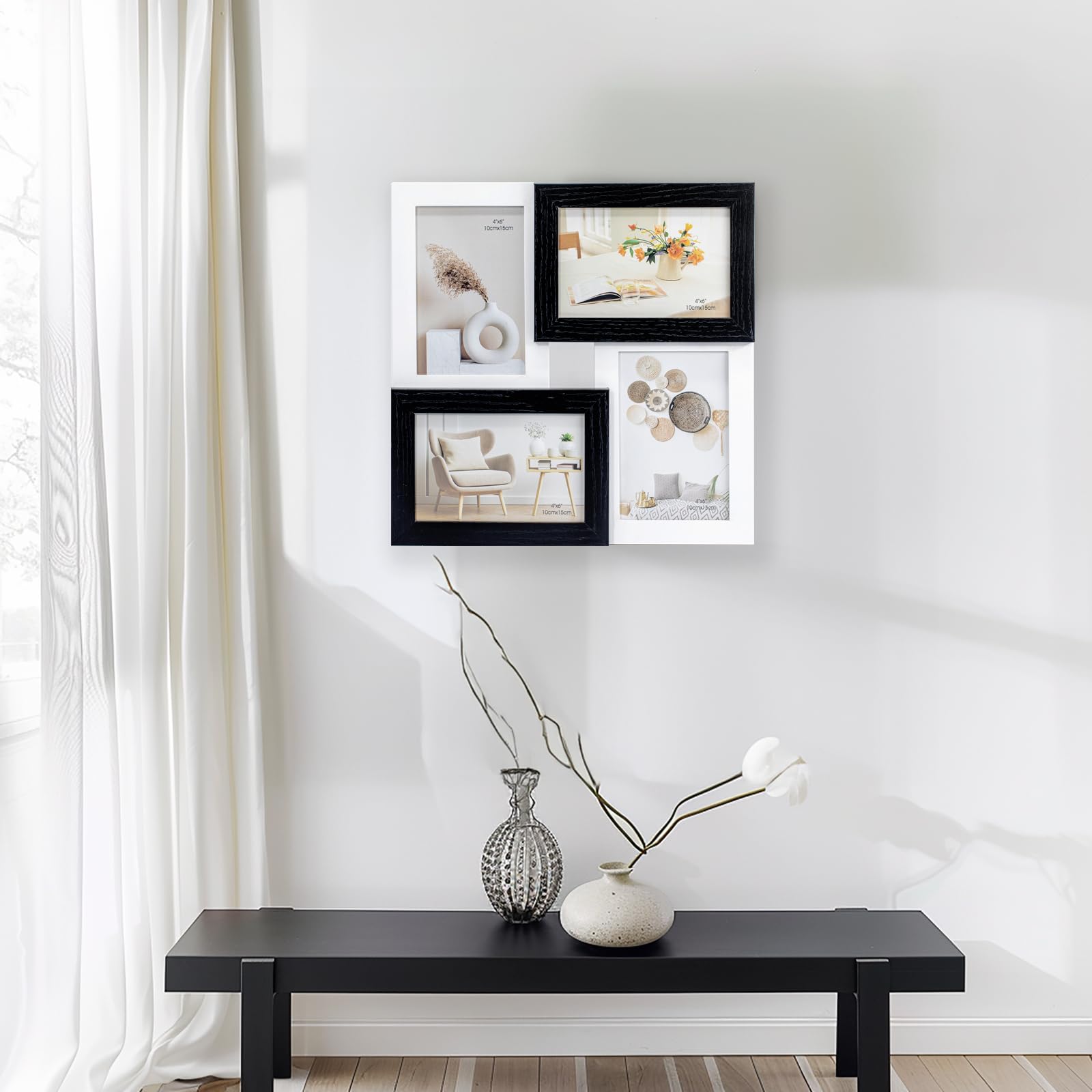 Tutee Cornice Per Foto, Robusta Cornice in Legno MDF, Cornici Foto Multiple da Parete, Portafoto da Parete Multiplo, Decorazioni Murali, Cornici 10x15cm 4PZ (Nero e Bianco)