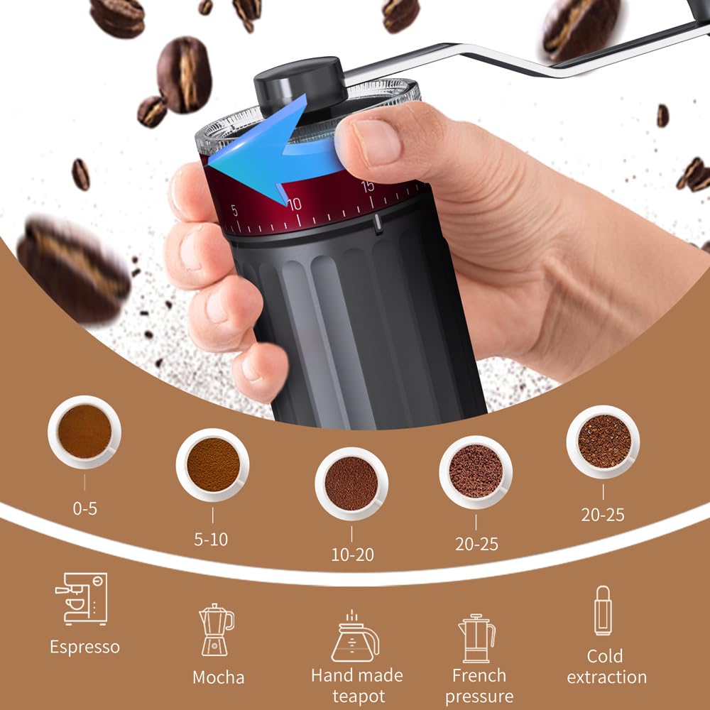 Ręczny młynek do kawy z regulacją grubości, składanym uchwytem i mechanizmem stożkowym ze stali nierdzewnej, przenośny z szklanymi słoikami do espresso i prasą