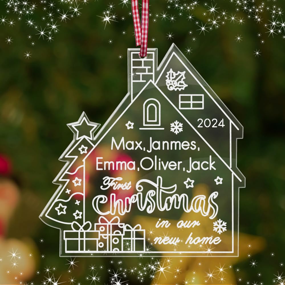 Personalised Merry Christmas Tree Bauble First Xmas Decoration for New Home Engraved Names of Family member Acrylic Christmas Tree Ornament for Family Hand Finished in UK(House)