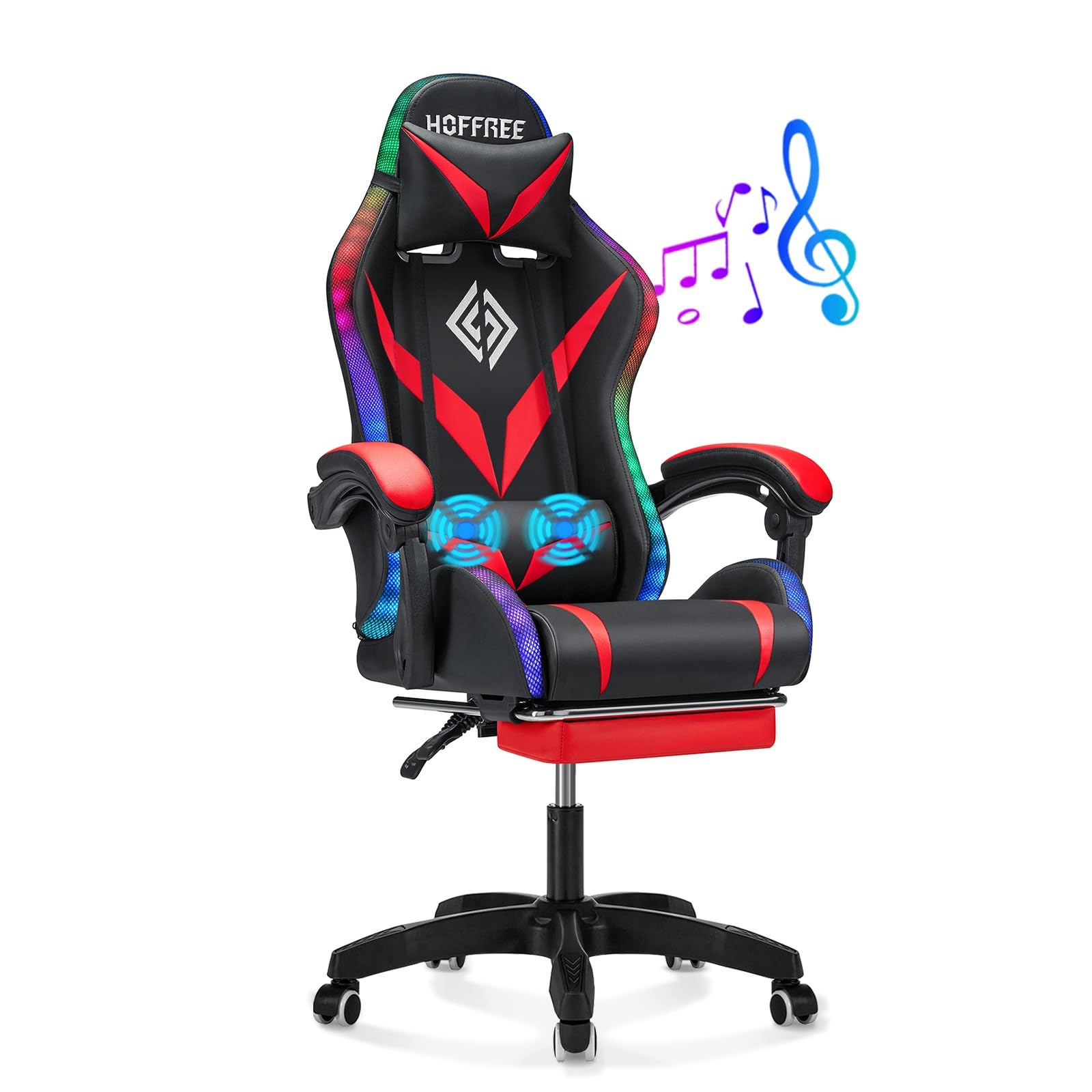 HOFFREE RGB Gaming Chair with Speakers and Massage Ergonomic Computer Chair with Lights and Footrest Reclining Video Game Chairs for Adults Red and Black