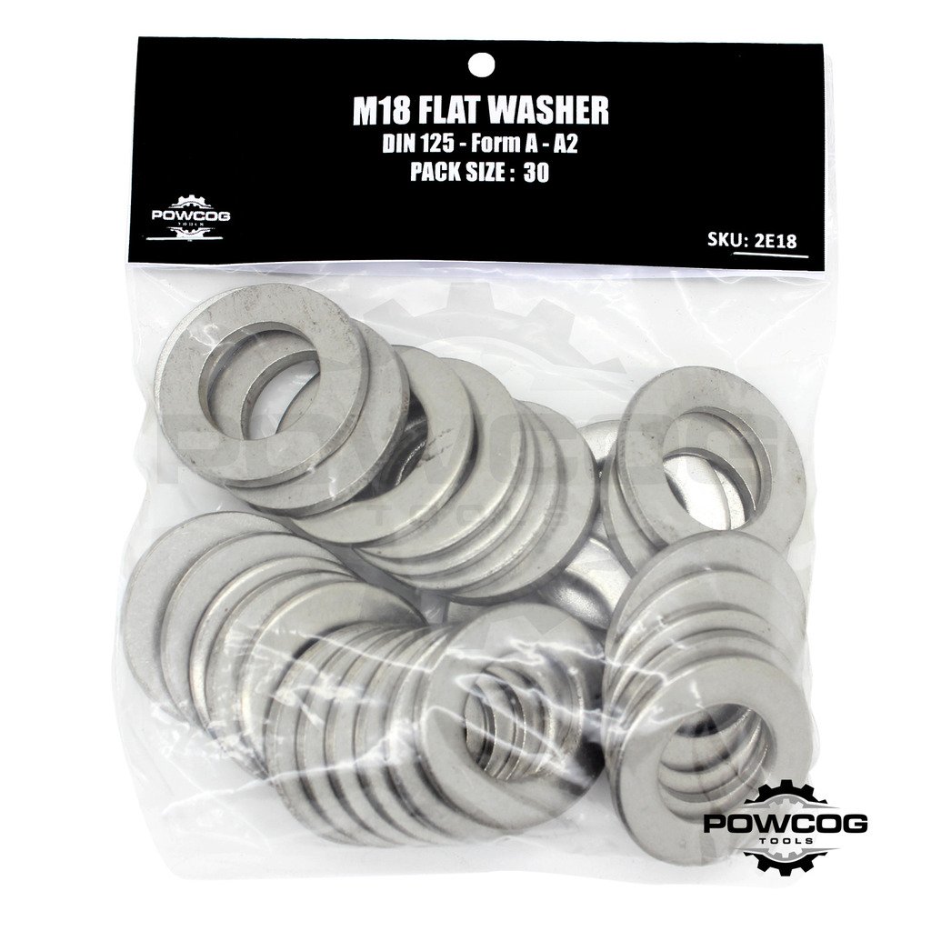 M18 Flat Washer - A2 Stainless Steel Thick Grade 304 Metric Grade - Form A DIN 125 - by POWCOG® - Pack of 30