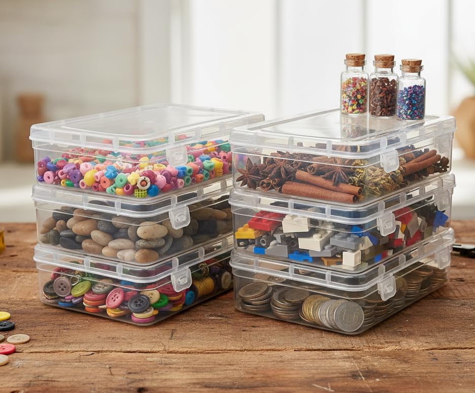 Image of URBAA Small Storage Boxes container with Lock Lid, Jewellery Case Organiser(PUREPACK33-6) 200ml (Clear, 13 x 9 x 4 Cm) - Set of 6, Rectangular