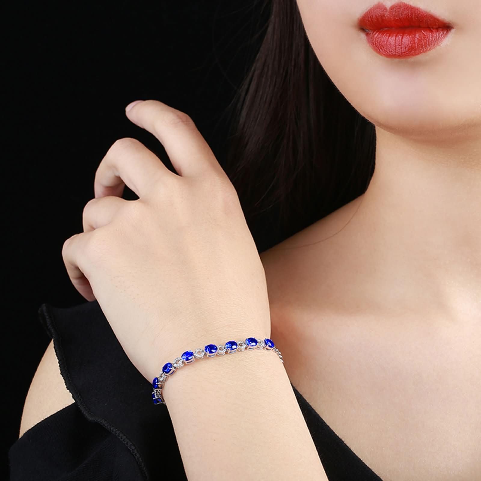 Bracciale Donna Oro Bianco 9 Kt / 14 Kt / 18 Kt 750, Ovale e Cavo con Zaffiro Creato da 3,62 ct e Moissanite, Regolabile 16 CM + 5 CM, Bracciali Catena Blu Argento Donna