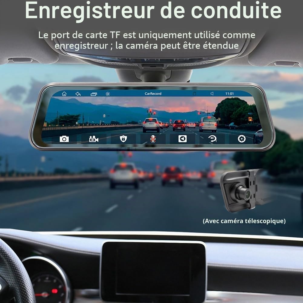 Écran Tactile de 9,36 Pouces sans CarPlay Car Stream Media Dashcam DVR Rétroviseur Caméra de Tableau de Bord Enregistreur Vision Nocturne