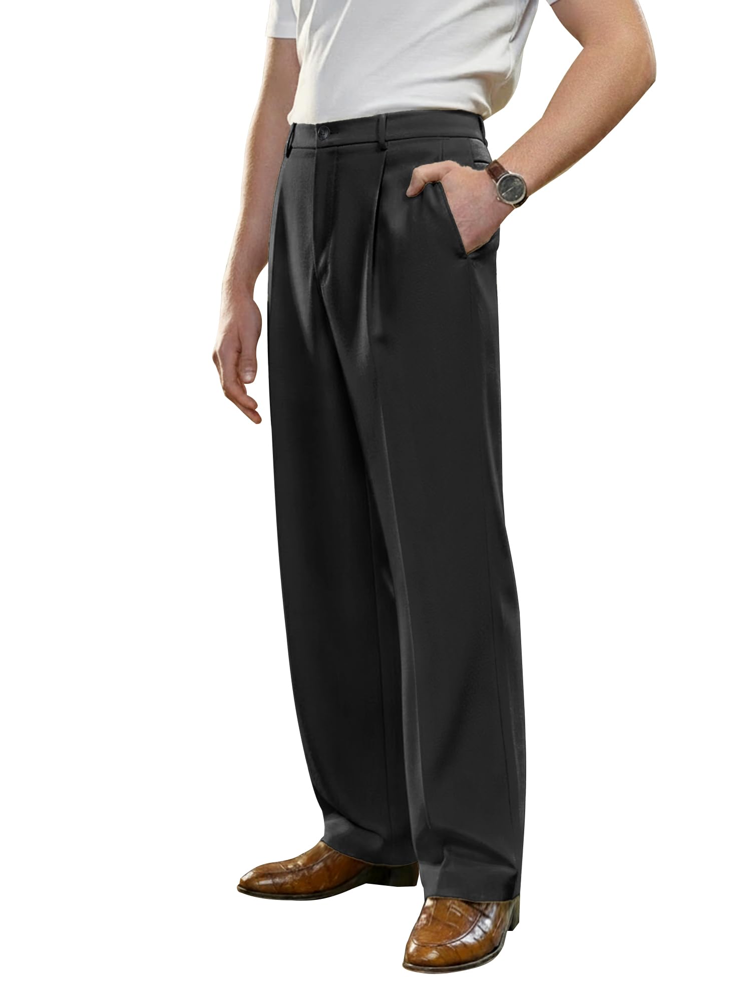 PLEPAN Mens Casual Dress Pants Pleated Baggy Wide Leg Relaxed Fit Slacks Expandable Waist Trousers