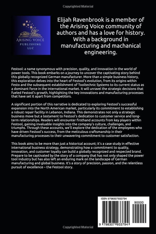 Back cover of the book 'Festool: From Festo To Global Powerhouse' with author information and book description.