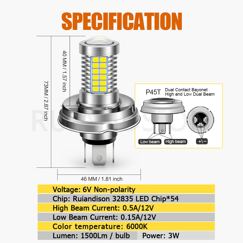 Ampoule Phare Moto LED Ruiandsion P45T R2 - 6-24V 6000K Blanc - 2000 Lumens - Pour Scooter, DRL, Feu De Route