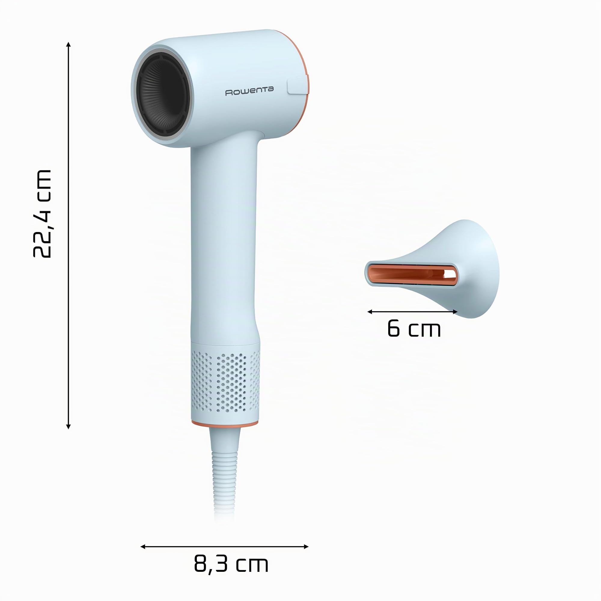 Rowenta Blumia HY5N10E0 Sèche-cheveux, moteur haute vitesse, flux d'air jusqu'à 255 km/h, buse magnétique de 6 mm, compact, technologie ionique, plusieurs niveaux de température, bleu/terre cuite