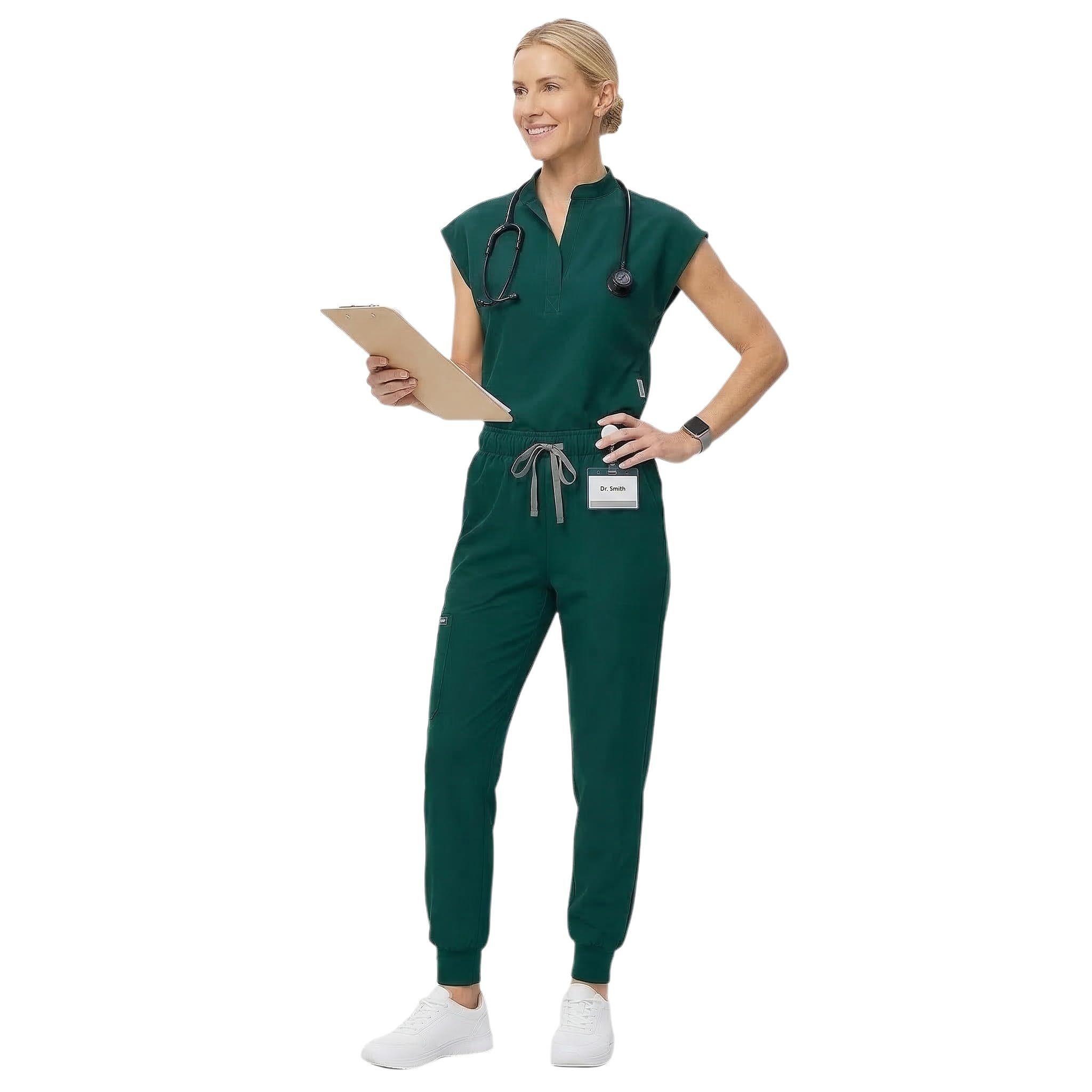 Conjunto médico de enfermería mujer DK55 top cuello alto bolsillos laterales pantalones yoga cónicos suaves resistentes arrugas