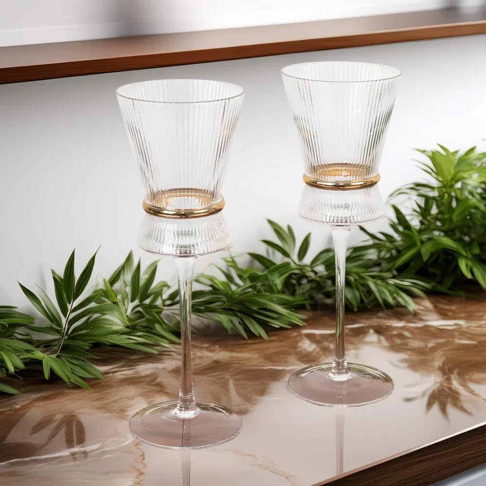 Balsa Circle 6 Clear Wine Glasses 9oz Ribbed Design with Gold Ring Accent – Drinkware, Wine Glasses for Weddings Parties Events Receptions Home Bar Cocktails Dining Tableware Decorations