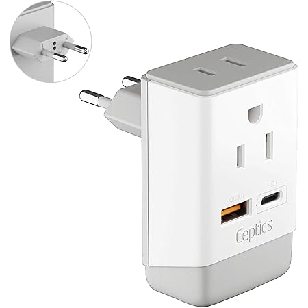 European Plug Adapter, Ceptics International Power Plug with USB & USB-C - 2 USA Socket, QC 3.0 & PD -Type C Outlet Adaptor Charger for Spain France Germany Greece Turkey Portugal, Fast Charging