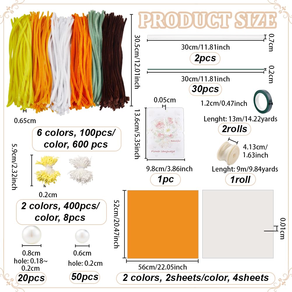 OLYCRAFT 600 pezzi - Kit per la creazione di fiori in detergente per pipe arancioni, 6 colori con fili floreali, nastro da giardinaggio, carta per abbellimento floreale e stamens per bouquet