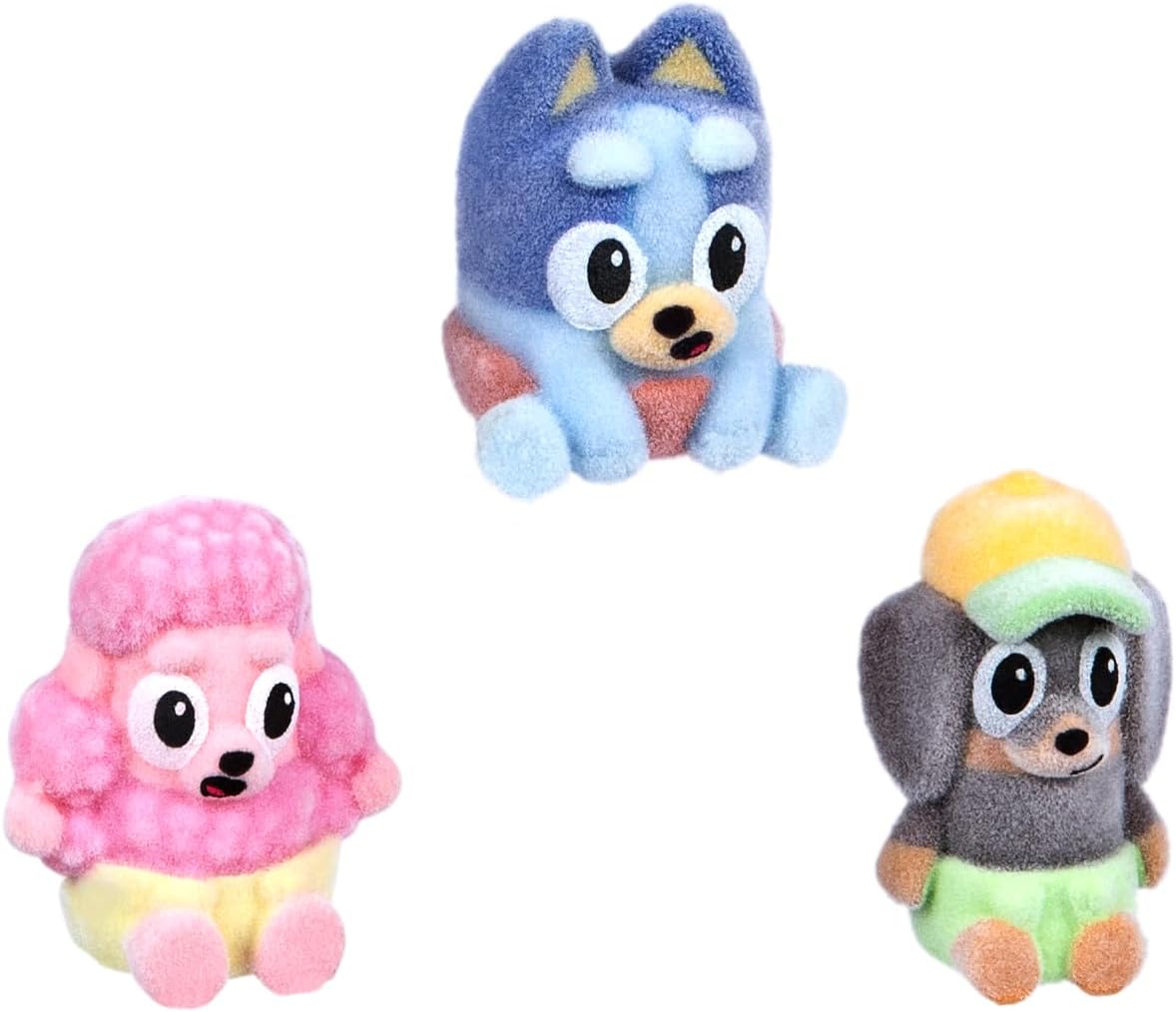 Bluey Fuzzies Episode Pack: Baby Race. with 3 Specially Flocked Collectible Mini-Figures (Incl. 1 Exclusive), Display Case, Foil Trading Card, and Collector's Guide. 50 Mini-Figures to Collect!