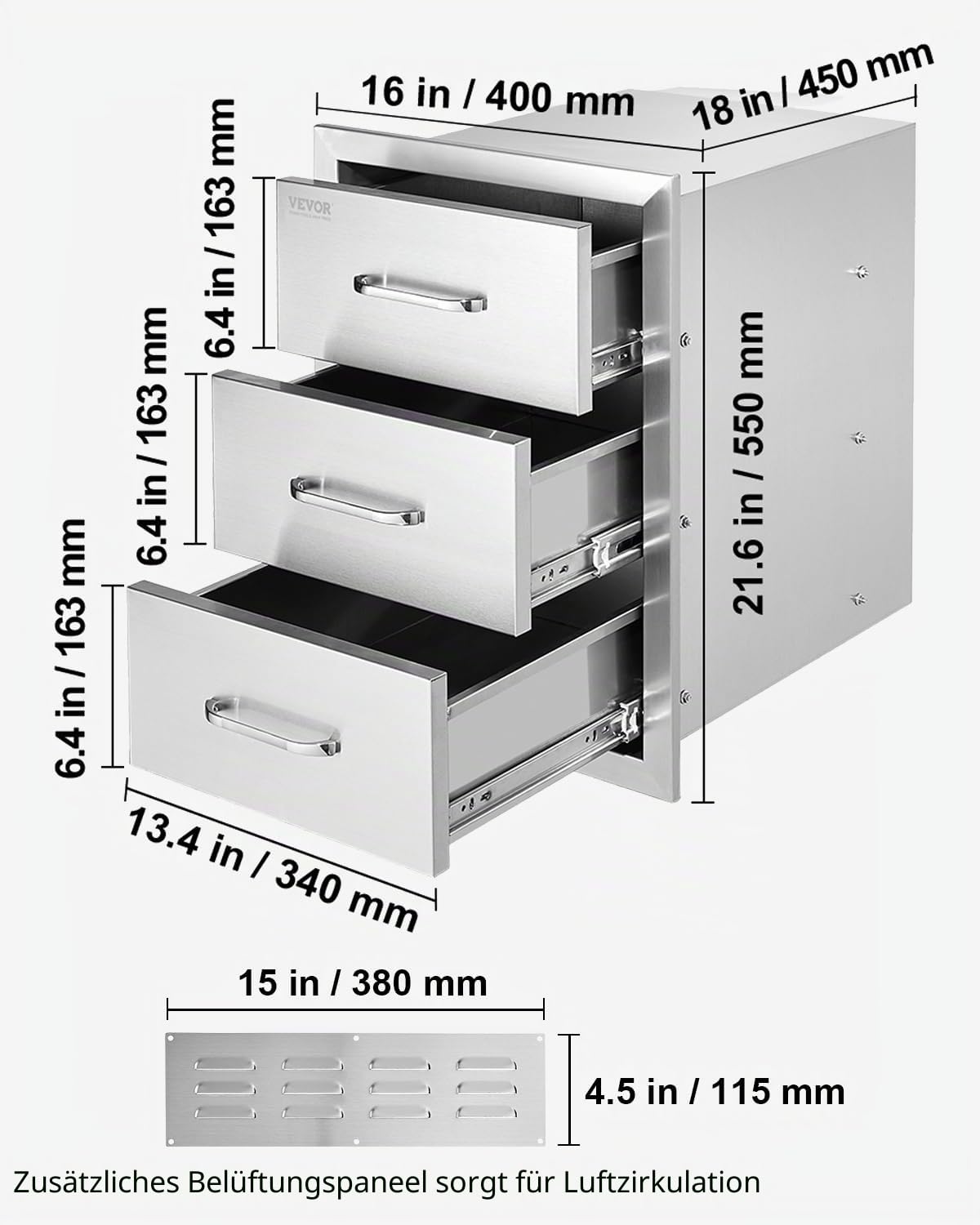 VEVOR Outdoor-Küchenschubladen flächenbündig montierte Grillschubladen mit dreifachem Zugriff und Edelstahlgriff, Grillinselschubladen für Außenküchen oder Grillinsel-Terrasse 400 x 450 x 450 mm