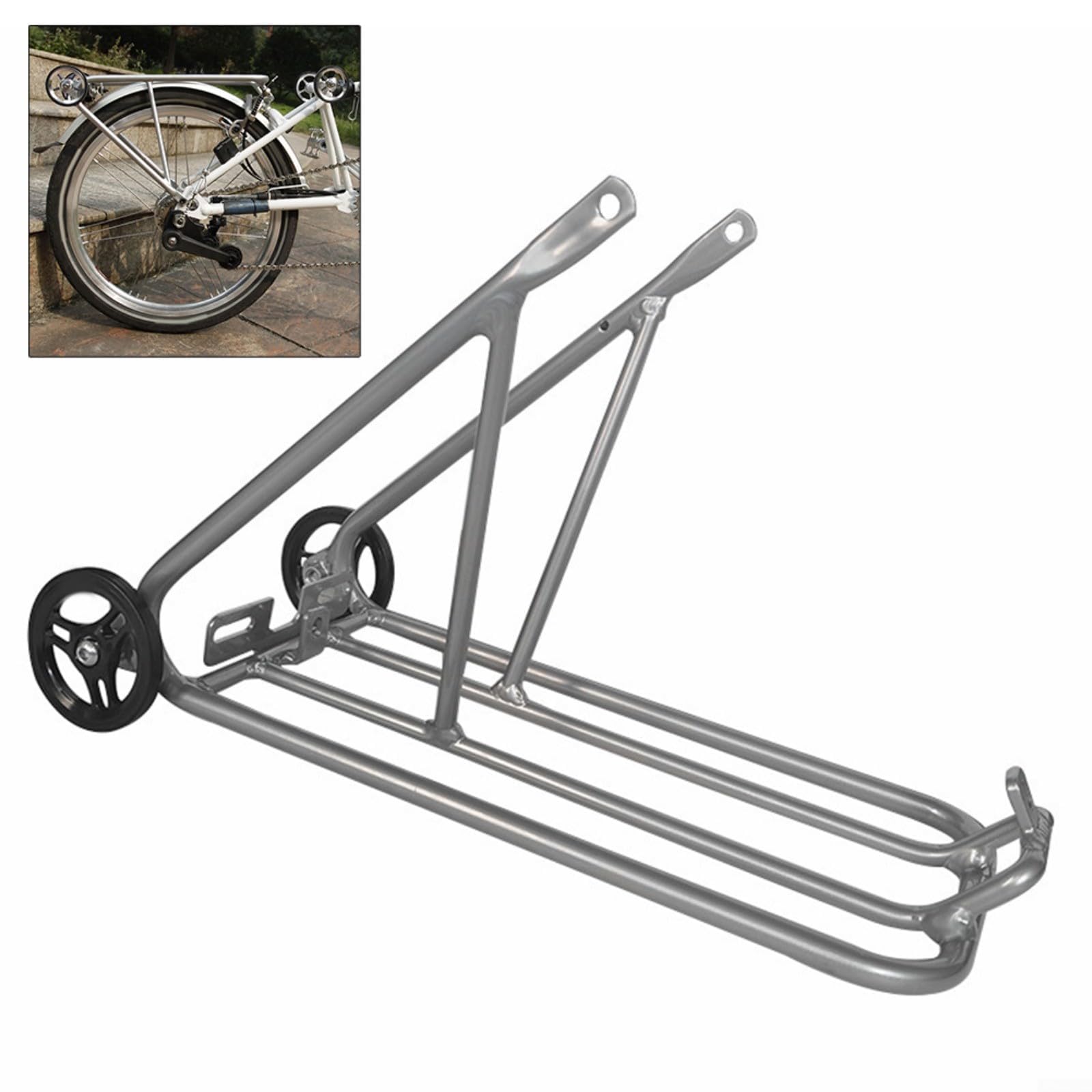 Fahrradträger aus Aluminiumlegierung, 40,6 cm (16 Zoll), zusammenklappbar, mit einfachen Rädern, 34 x 14 x 21 cm, für Brompton-Reifen, silberfarbene Gepäckablage für Pendler