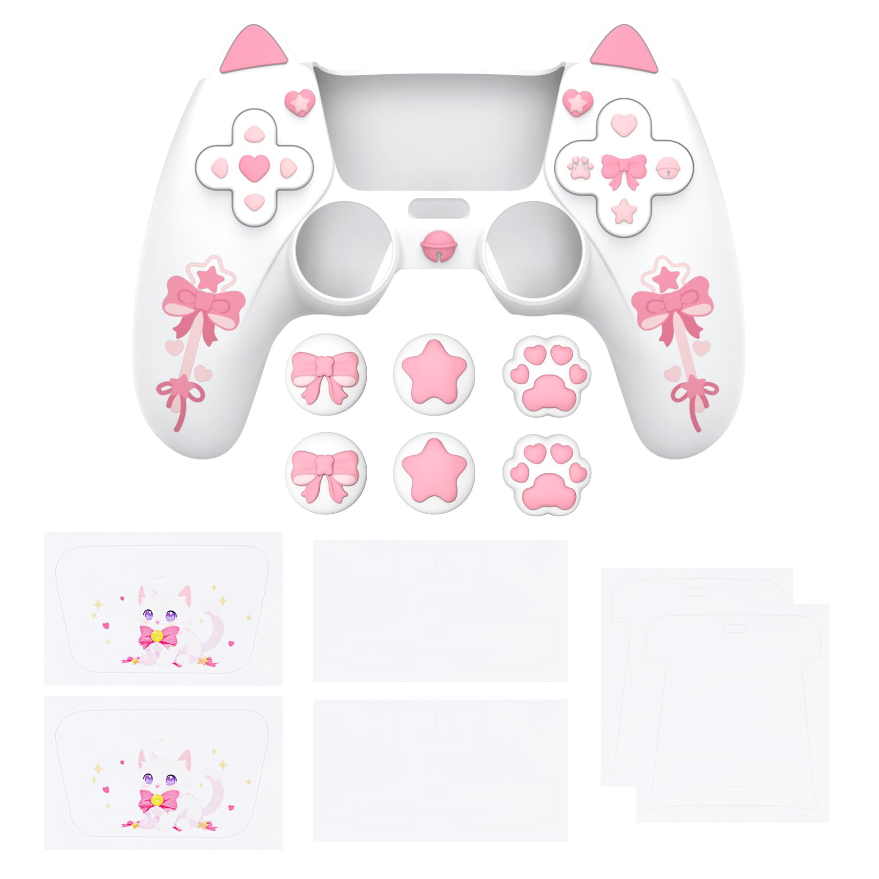 PlayVital Cover Joystick per ps5 Controller,Skin Silicone Antiscivolo&6 Copri Analogici&Adesivi,Custodia per ps5 Joypad-Compatibile con Base di Ricarica-Gattino Carino,Bianco