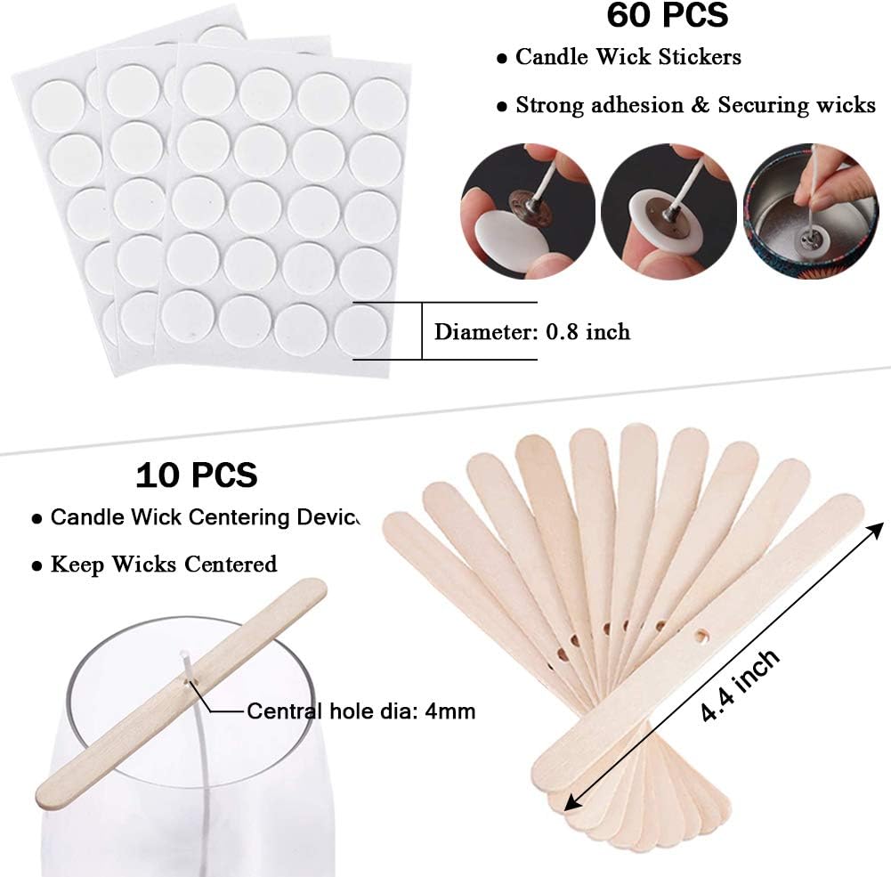 Bulk Candle Wicks 100 Pcs with 60Pcs Candle Wick Stickers and 10 Pcs Wooden Candle Wick Centering Device for Soy Beeswax Candle Making (6inch)