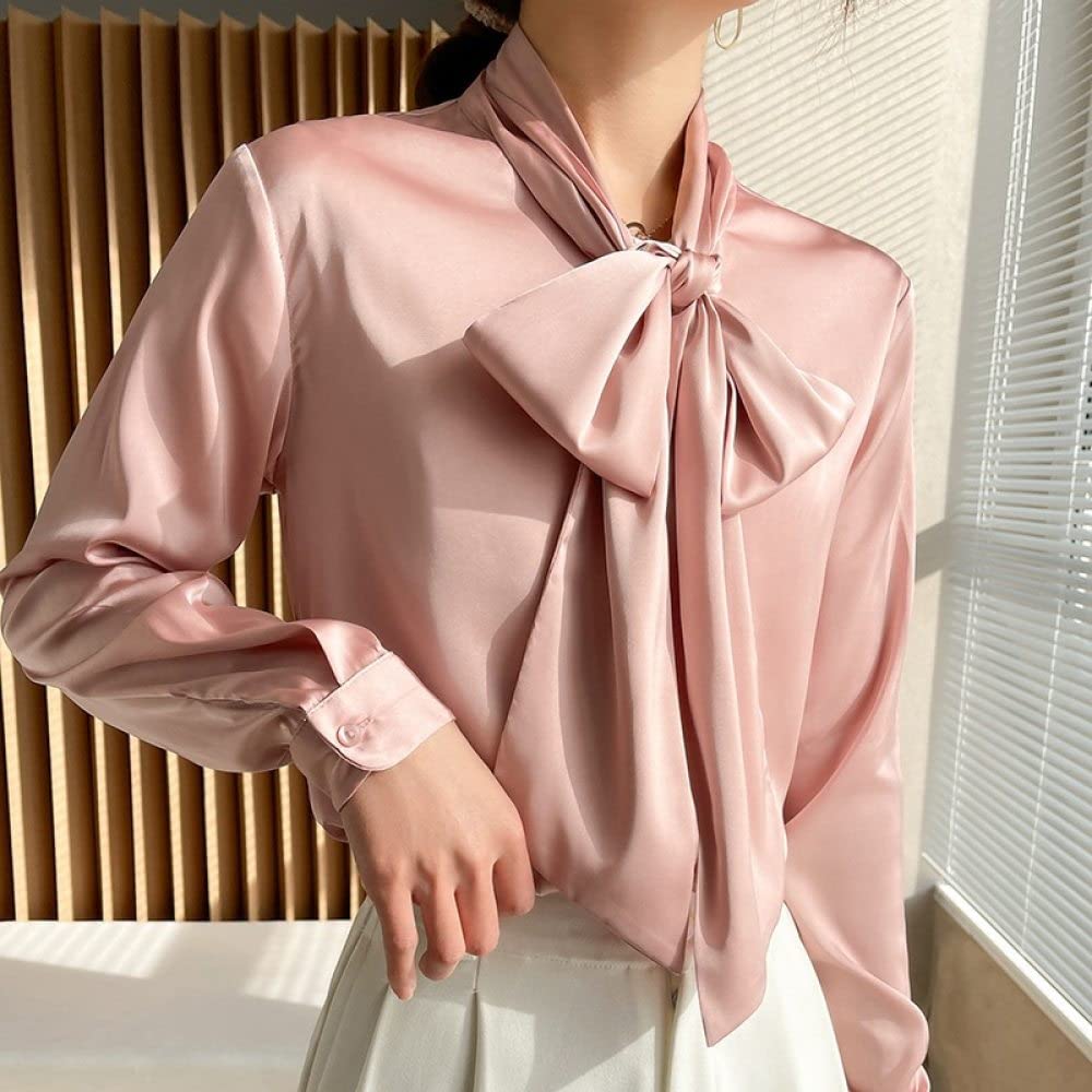 MIDJ Blusen Damen,Elegante Seidenbluse für Damen, O-Ausschnitt, Süße Fliege, Weiße Chiffon-Business-Bluse, Lässig, Lang, Laternenärmel, Sexy Pullover, Hemd für Mädchen, Damen