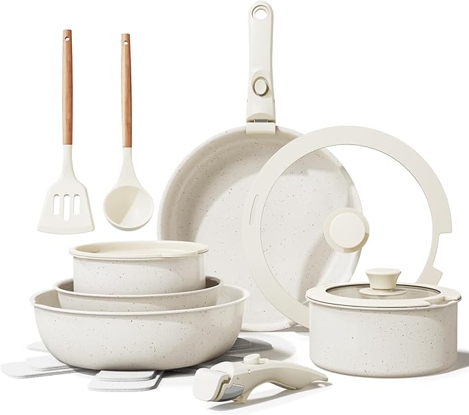 Bazova 17-piece cream white ceramic cookware set with detachable handles