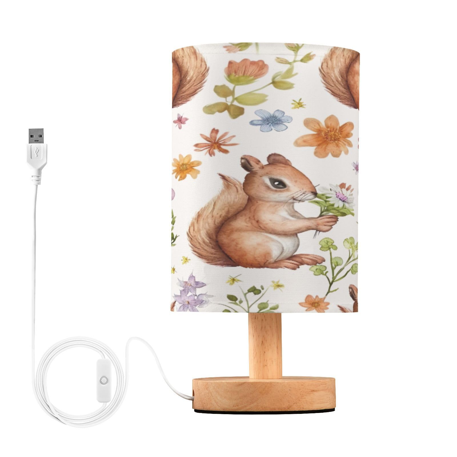 SDMKA Squirrel and Flowers Bedside Table Lamp for Bedroom, Minimalist Nightstand Lamp with Round Fabric Shade for Living Room, Office, No Bulb Required