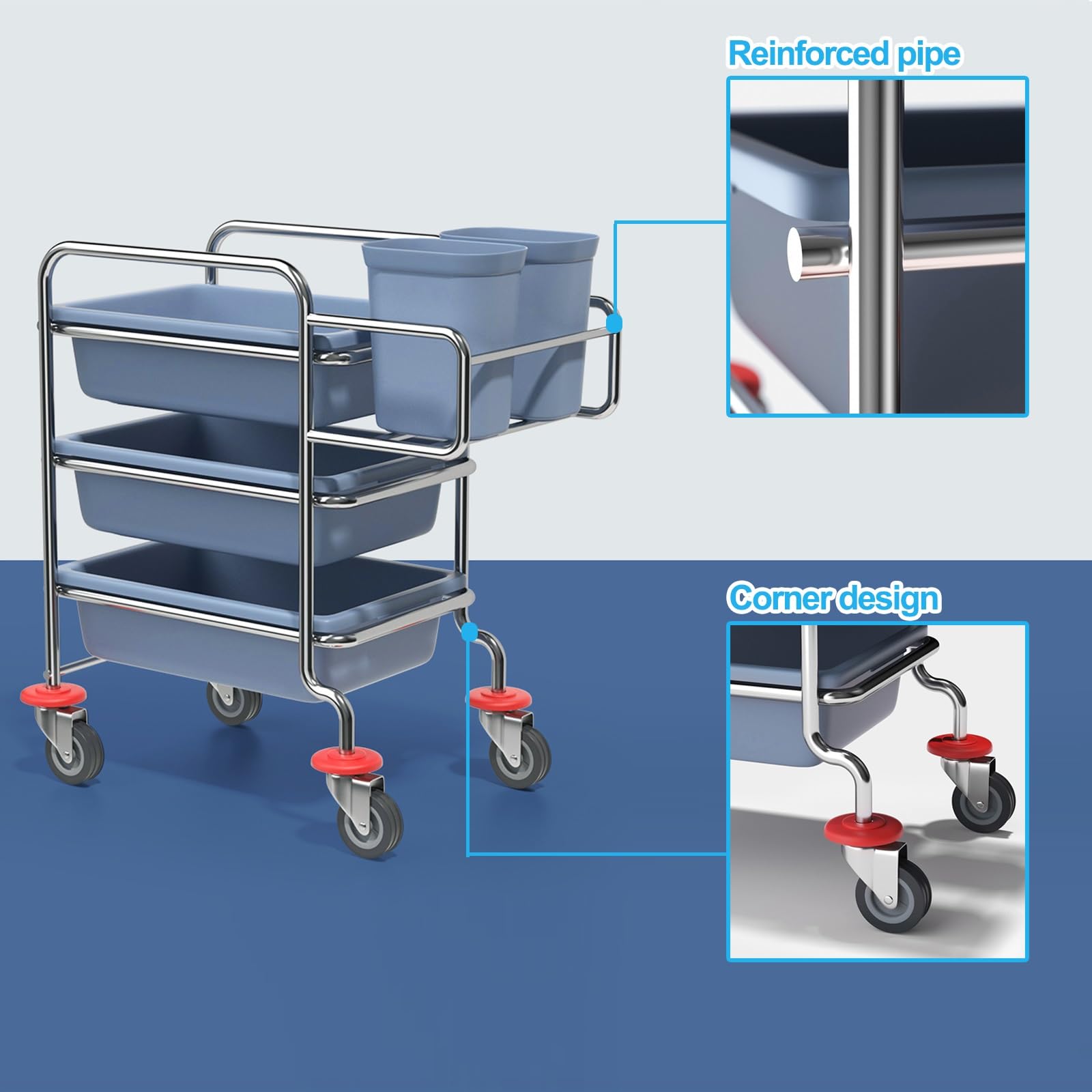 Carrito de metal para recoger platos, carrito de recogida de placas de empuje de acero inoxidable, carrito de cocina rodante para escuelas, restaurantes, hoteles