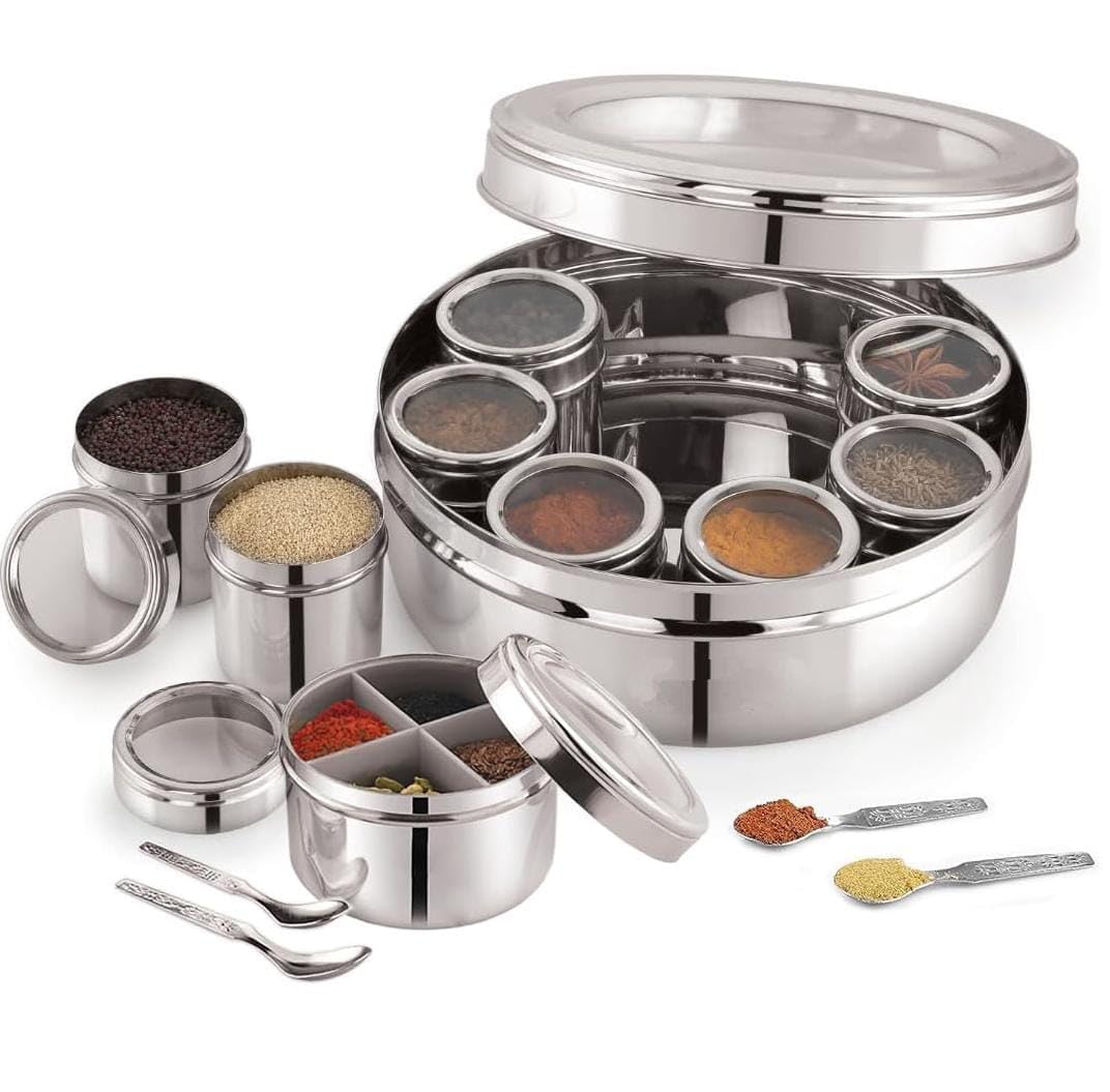 ATROCK 12 In 1 Masala Dabba | Masala Box Stainless Steel For Kitchen | Spice Storage Container (Glass Lid, 2500ml) (B0CST4Z9P6) Amazon Price History, Amazon Price Tracker