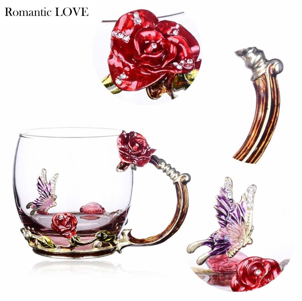Romantic LOVE Set Mit 2 Ausgefallenen Teetassen, Kaffeetassen Aus Glas, 330 Ml ~ 350 Ml, Klarglastassen Mit Löffel, Set, Muttertagsgeschenke, Rosenblume, Emaille, Geburtstag (blau hoch rot kurz)