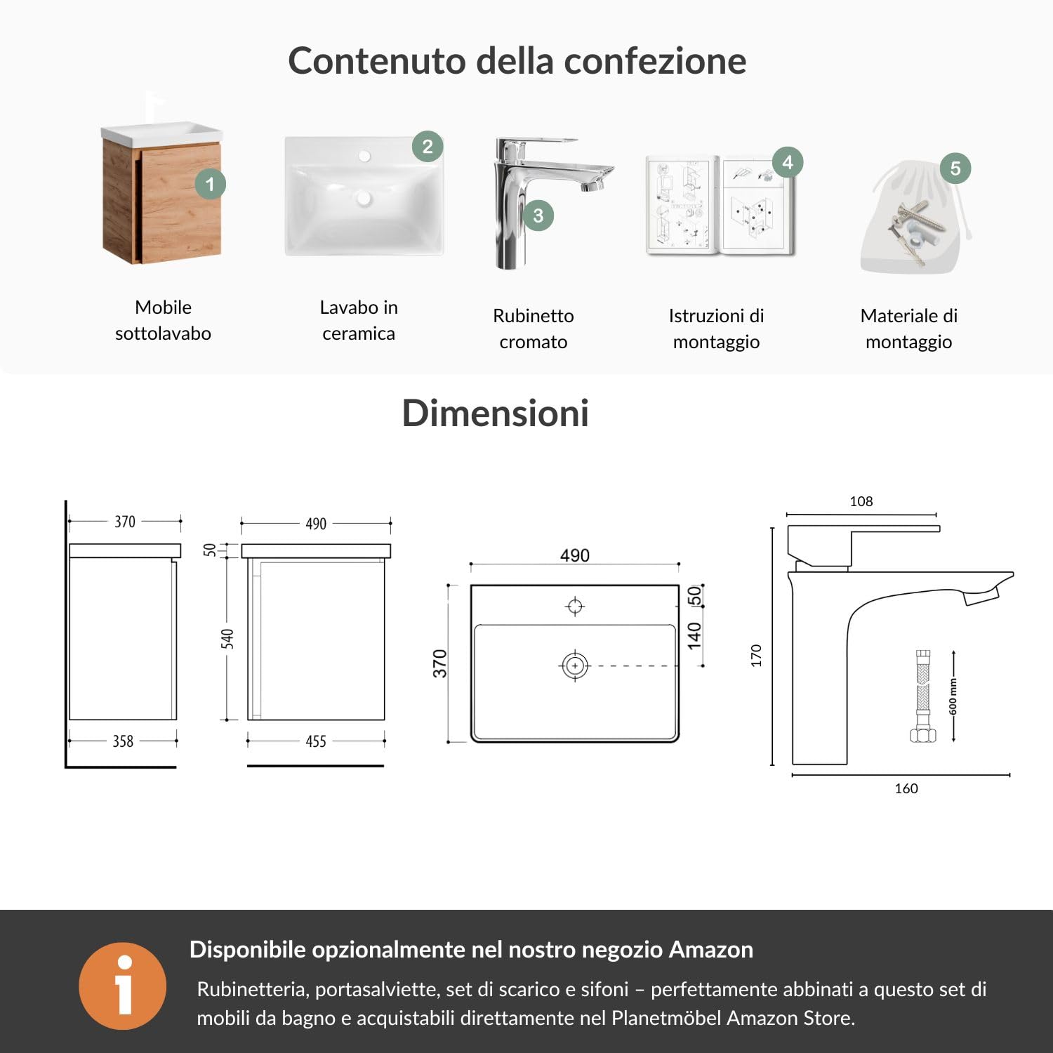 Planetmöbel lavabo con mobiletto 50 cm, mobile lavabo sospeso, chiusura ammortizzata, set di mobili da bagno, rovere oro