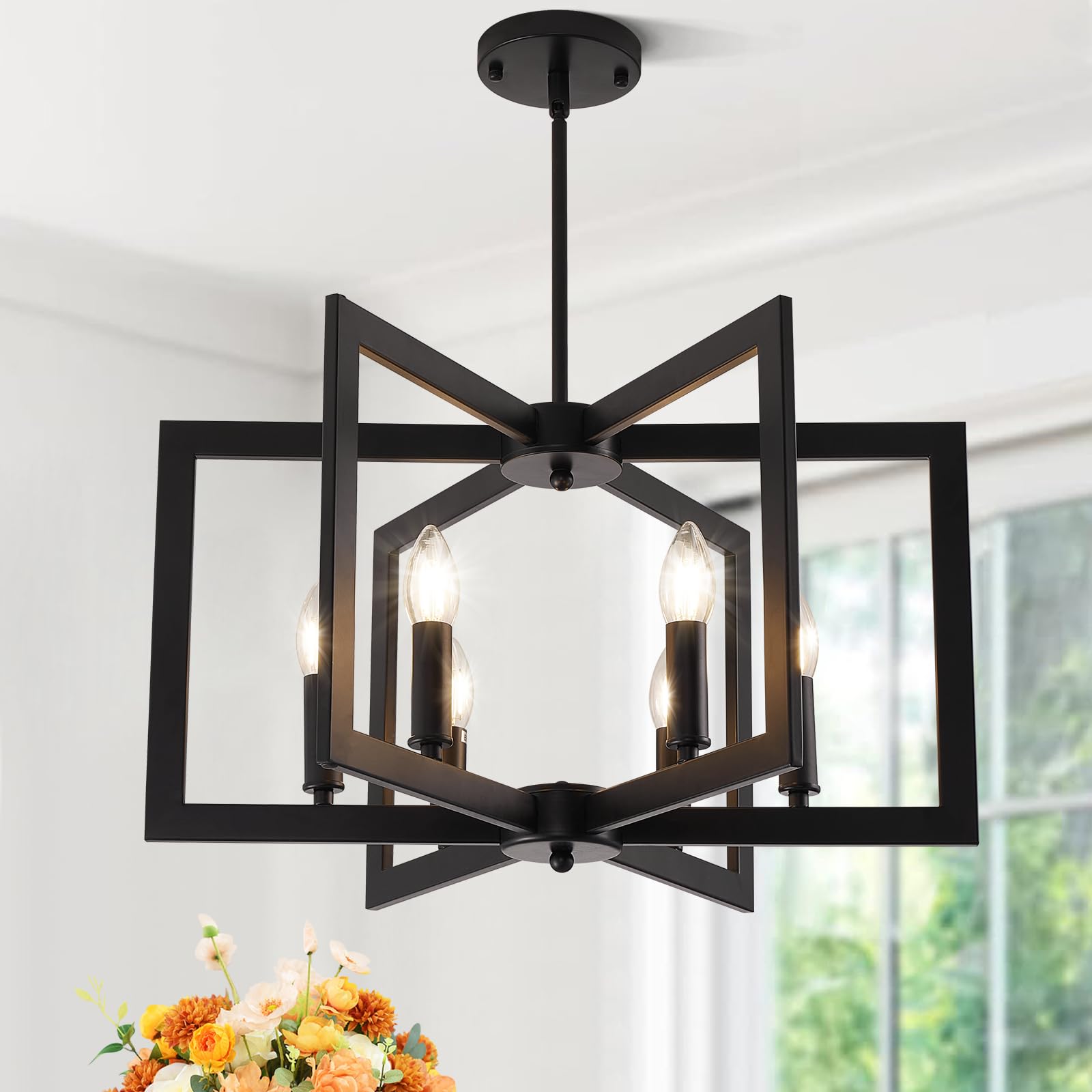 21.6" Modern Black Chandelier for Dining Room, 6-Light Easy To Install Farmhouse Dining Room Light Fixture Over Table, Industrial Metal Hanging