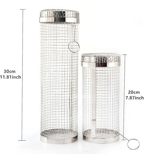 Miniatura 5 de Falytemow Cesta rodante redonda de acero inoxidable, tambor asado para hornear, parrilla rotativa para barbacoa, parrilla de malla para acampar para
