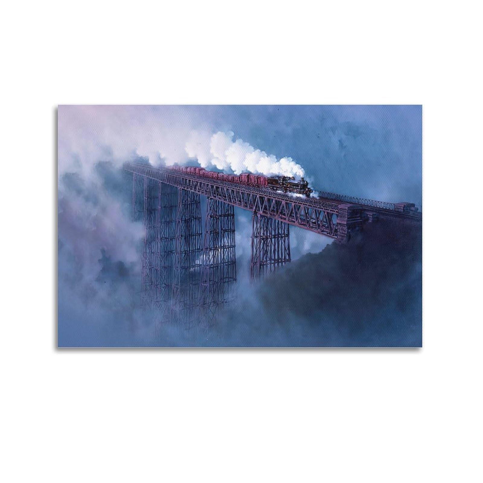 ZSZWHJ Industrial Art Poster Steam Train on Viaduct Poster Decorative Painting Canvas Wall Posters And Art Picture Print Modern Family Bedroom Decor Posters 20x30inch(50x75cm)