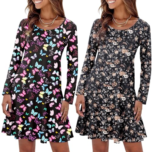 Marvmys Womens 2 Pack Long Sleeve Nightgowns Cotton Sleepshirt Pleated Nightshirt Printed Sleep Dress with Pockets S-3XL Large Butterfly&flower