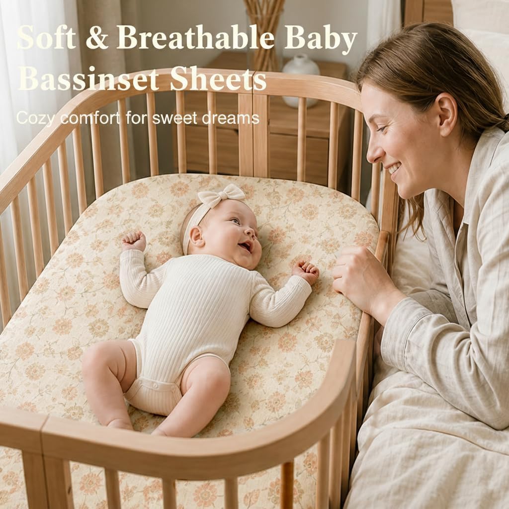 2 Pack Muslin Bassinet Sheets for Boy Girl - Neutral Bassinet Fitted Sheets for Hourglass, Oval, and Rectangle Mattress - 17” x 32” Soft Breathable Cotton Baby Sheets - Matcha & Floral