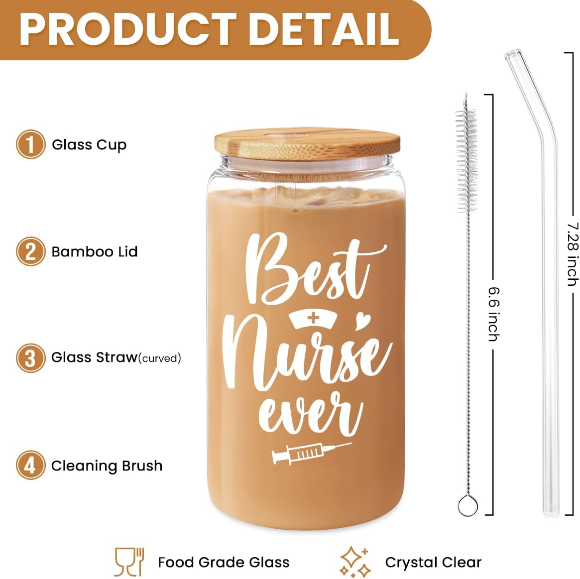 SANDJEST Nurse Cup 16 Oz Glass Can with Bamboo Lid and Straw - Nurse Gifts for Women - Appreciation Nursing Gifts for Female on Birthday Best Nurse Ever