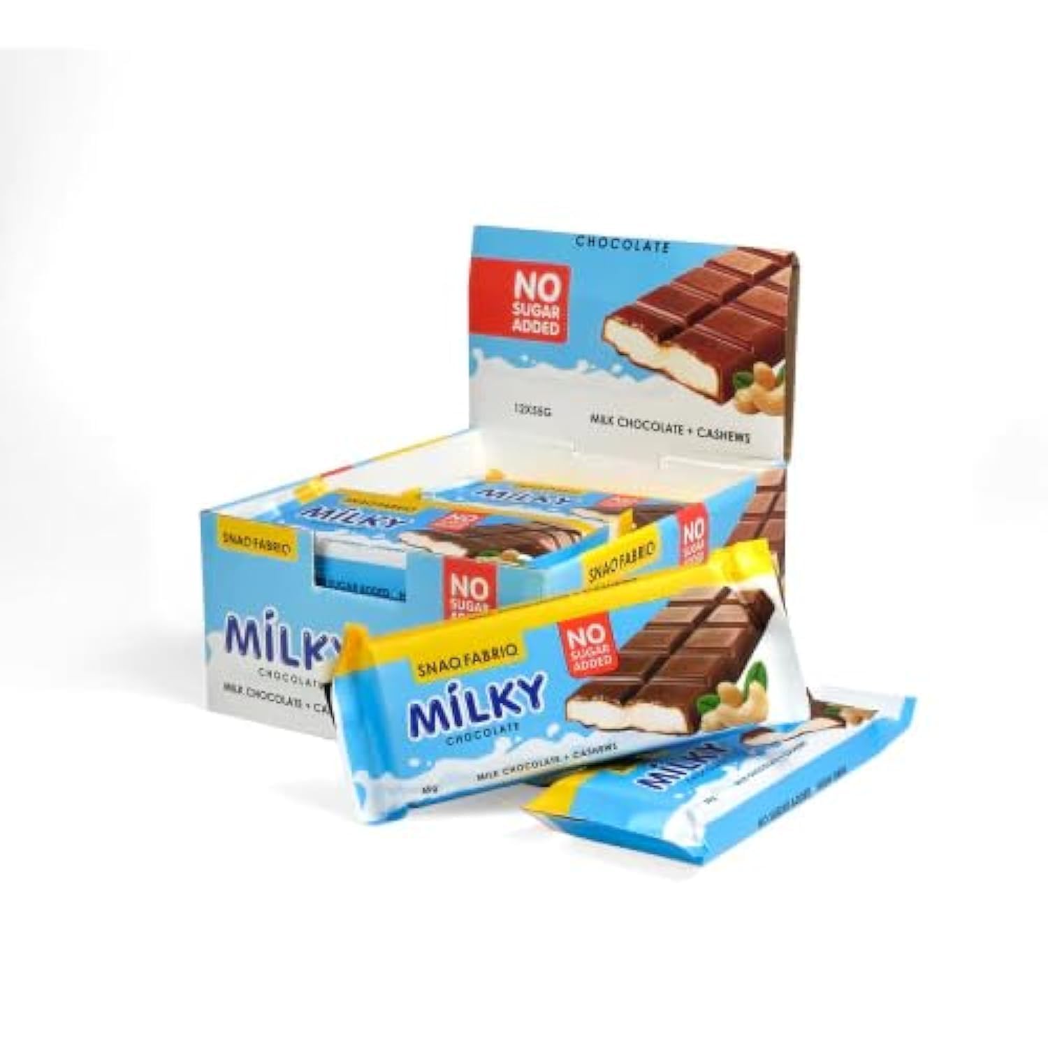 SNAQ FABRIQ Milky Chocolate - Milk Chocolate with Milky Nut Filling (55g) | No Added Sugar, Low Calorie Chocolate (Box of 12)