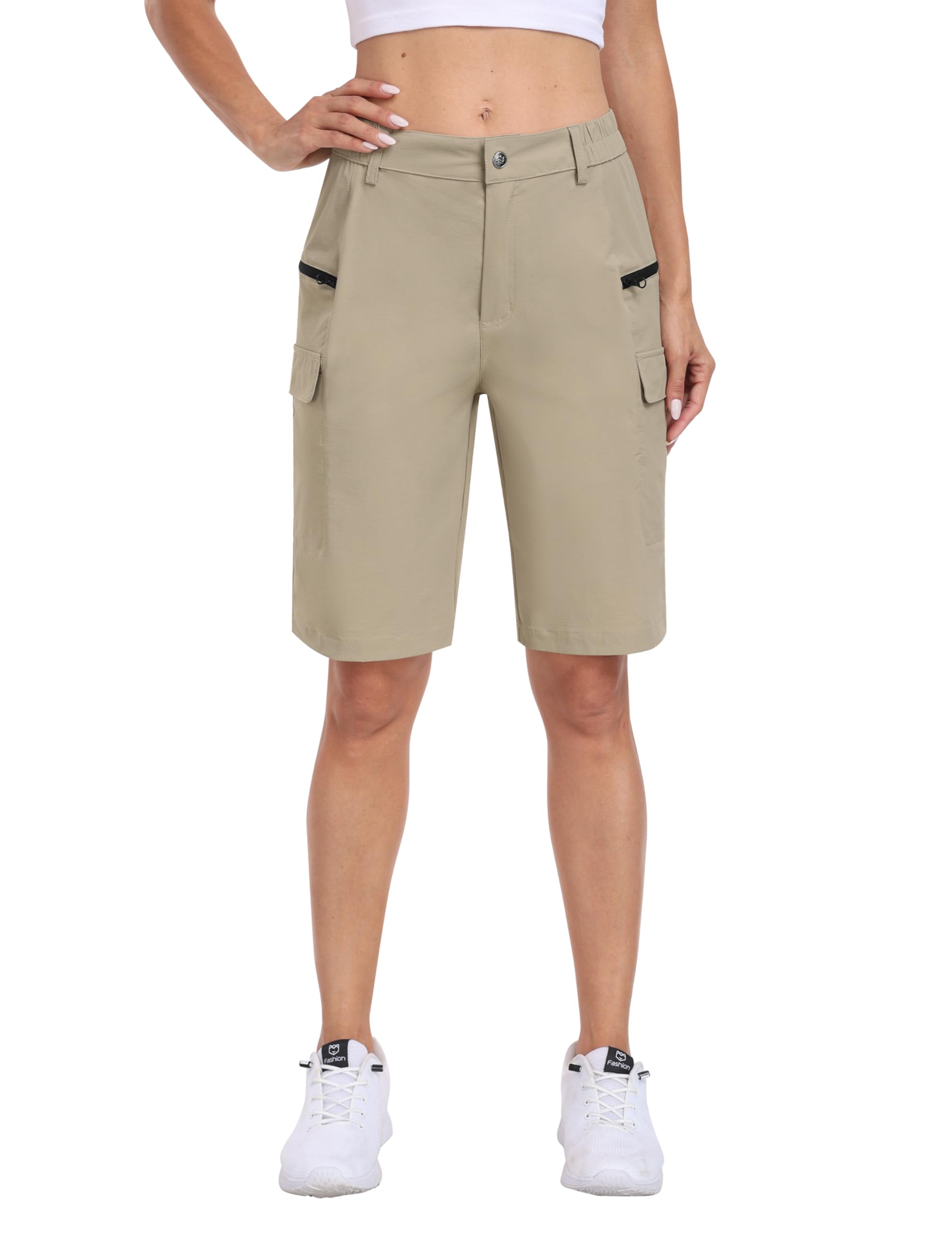 MoFiz Pantalones Cortos Cargo para Mujer Trekking Corto Verano Ligeros Cintura Alta Impermeables Bermudas Shorts con Bolsillo Cremallera