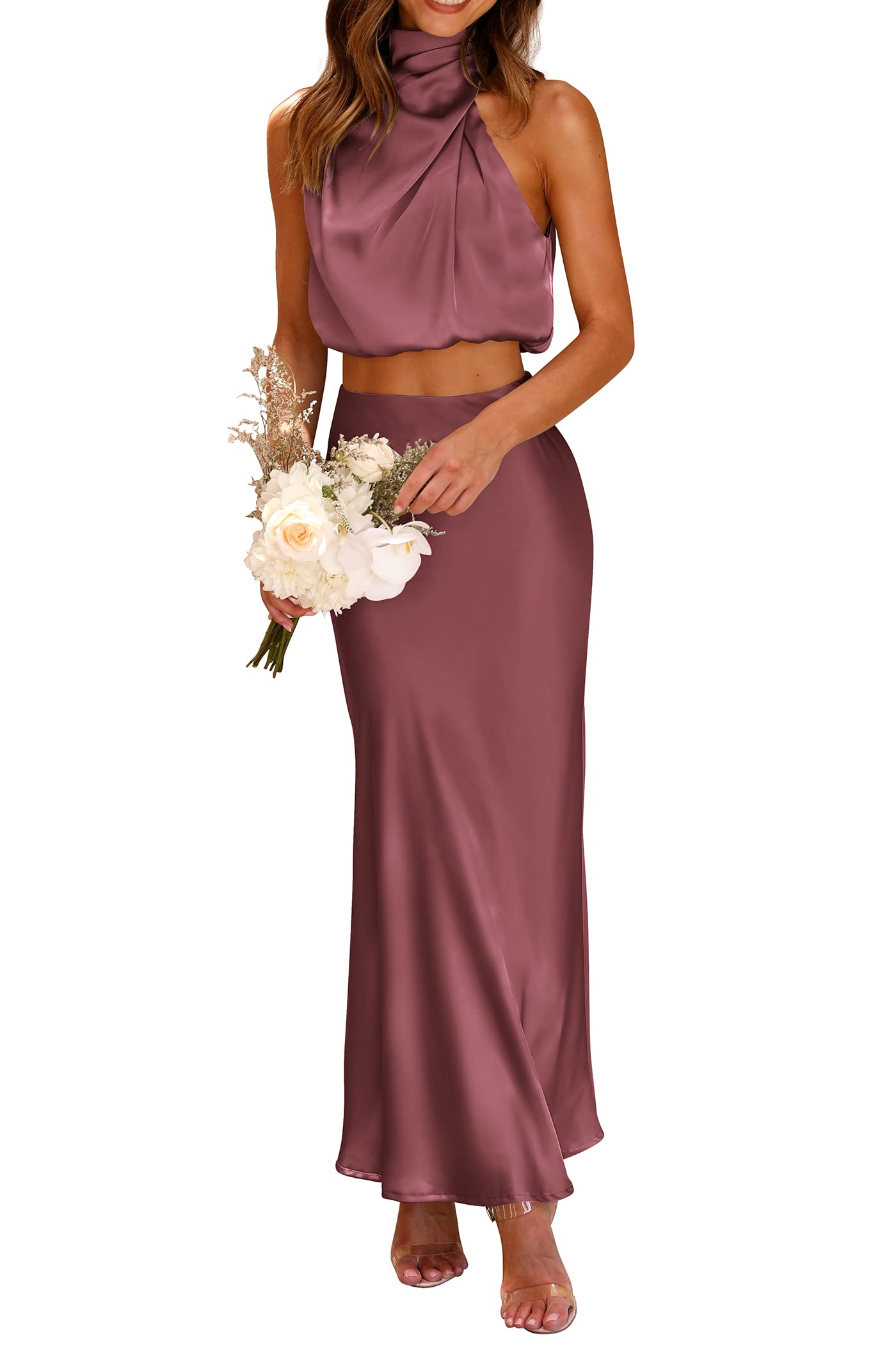 PRETTYGARDEN Women's 2 Piece Outfits Satin Skirt Set