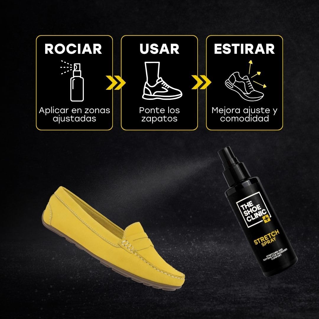 Shoe Clinic Espray ensanchador de zapatos | Para estirar y suavizar | Apto para cuero, ante, nobuk y lona | Ayuda a dar de sí el calzado rígido o estrecho | Alivia los puntos de presión | 125 ml