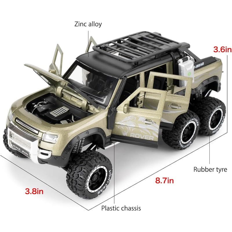 Image of Kids Model 1:24 6 Wheel Defender Die Cast Metal Car Pull Back Action Opening Doors with Realistic Engine Sound Lights Toy Car Gift for Boys - Green