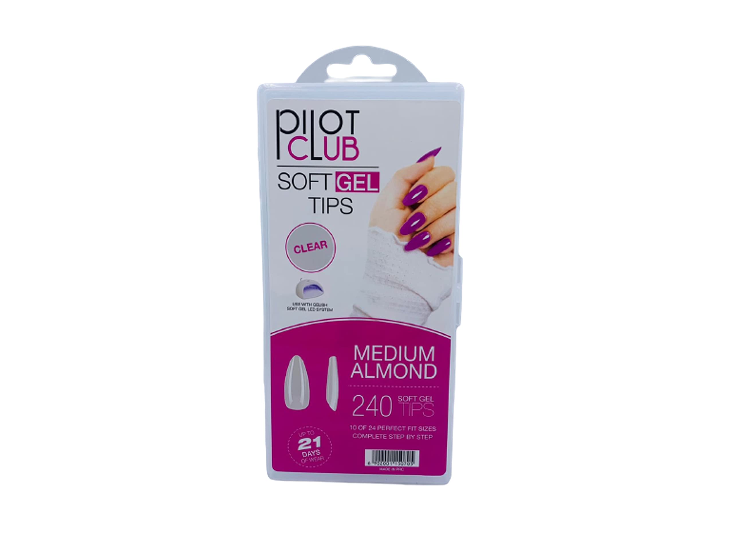 Pilot Club Perfect Fit Soft Gel Tips Use with UV Lamp (Medium Almond, 10 Of 24- Clear, Lasts Up To 21 Days)-240 Pieces