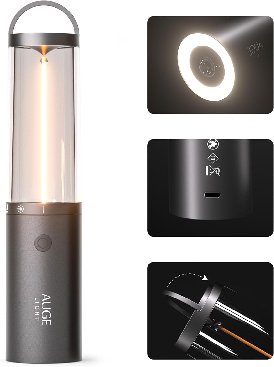 AUGE LIGHT 4-in 1 Rechargeable Camping Lights, LED Flashlight Emergency, Travel Flashlight Rechargeable High Lumen with Hidden Hook Ultra-Long Life 35H Multifunctional Rechargeable Flashlight for Camp