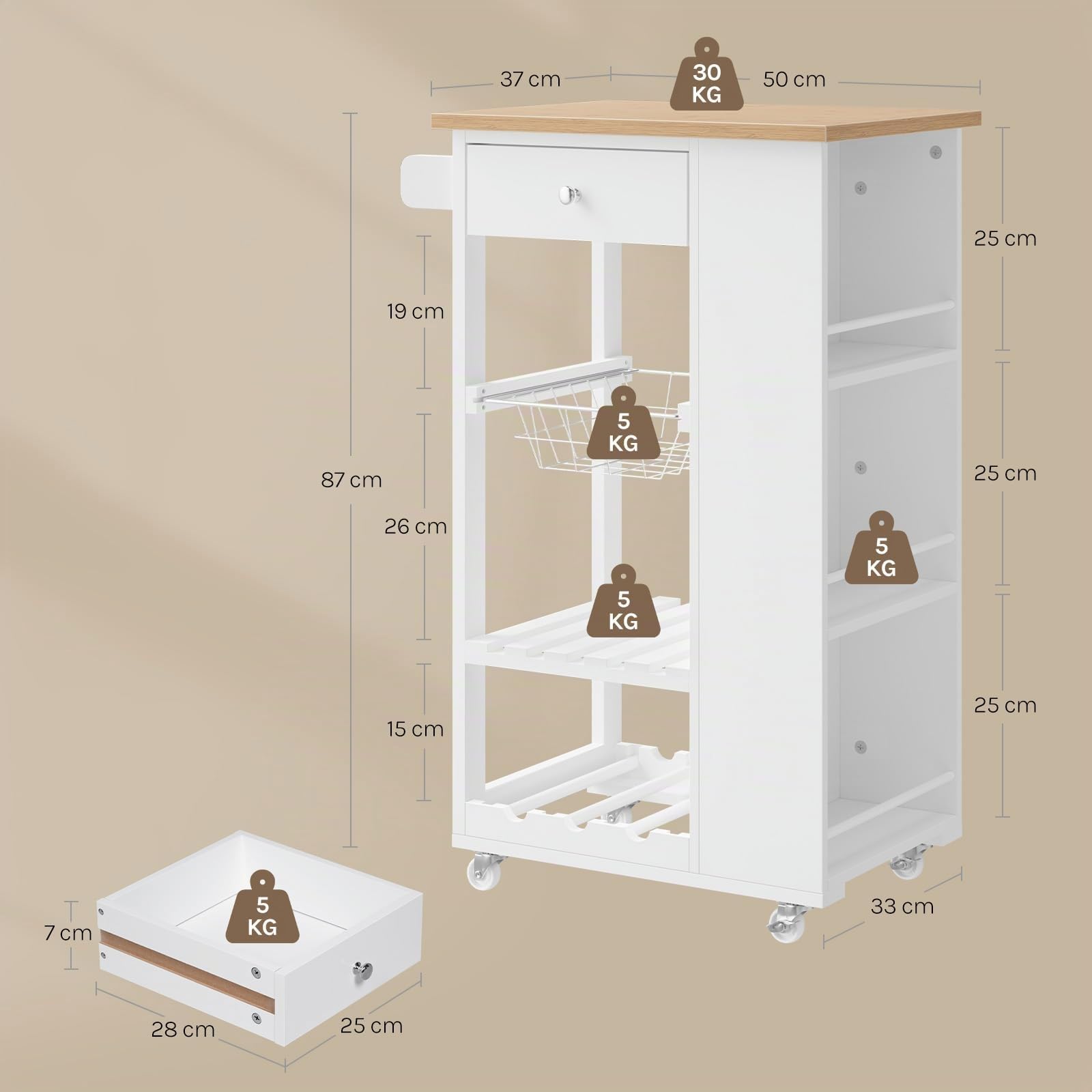 WOLTU Desserte à roulettes, Meuble Cuisine avec Plan de Travail, 1 Tiroir, 1 Panier en Grille, 1 Casier à Bouteilles et 3 Étagères Latérales, pour Cuisine, Salle à Manger, Salon, Bambou + Blanc