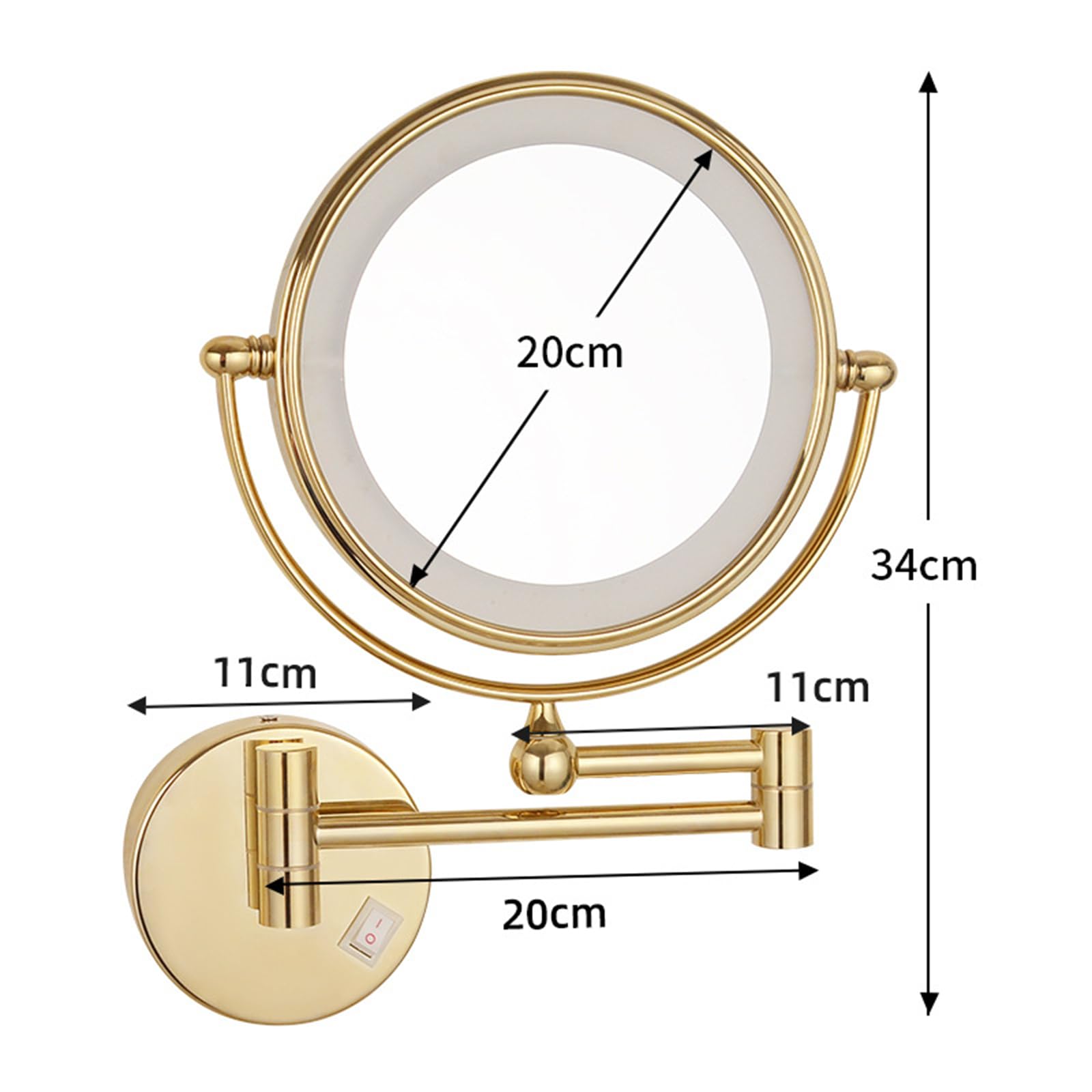 8" montowane na ścianie podświetlane lustro do makijażu, dwustronne LED 1X/10X powiększające, rozkładane 360° lustro toaletkowe do golenia w łazience,Gold,Plug in