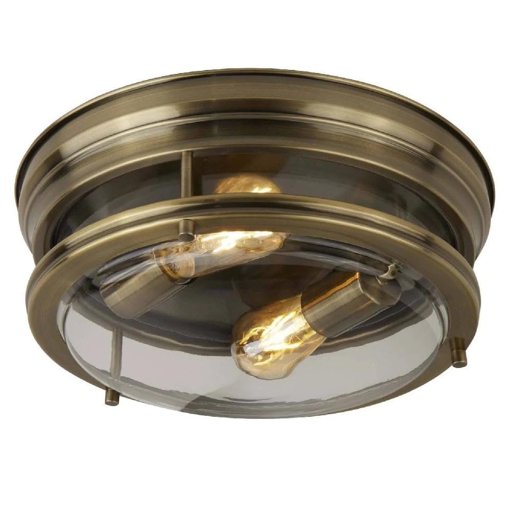 Britalia Flush Ceiling Light, Bathroom, 35cm, Antique Brass, Clear Glass, Vintage Industrial, 350mm Diameter x 145mm Height, IP44, Indoor and Outdoor
