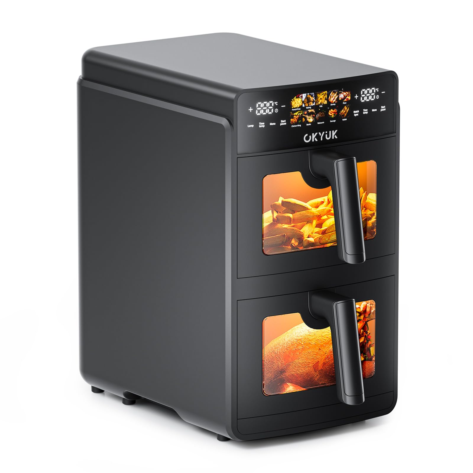 OKYUK Friggitrice ad Aria 10 Litri Double Stack XL, Friggitrice Aria 2 Scomparti, 10 Funzioni di cottura, Air Fryer calda a doppio strato con finestra,Design salva-spazio Nero