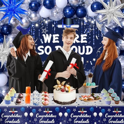 2026 Graduation Decorations Blue, We Are So Proud of You Decorations, Navy Blue Graduation Party Decorations Class of 2026 Congrats Grad Tablecloth, Balloons, Backdrop for 2026 College Grad Decor