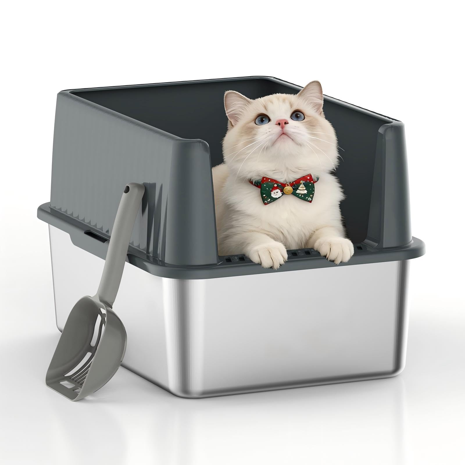 Stainless Steel Metal Litter Box for Kittens & Small Cats, 11.8" High Sides Prevent Litter Scatter, Open Top Litter Pan Anti-Leak & Easy Clean, Compact Space-Saving Size 17.3x13.4x11.8 Inches