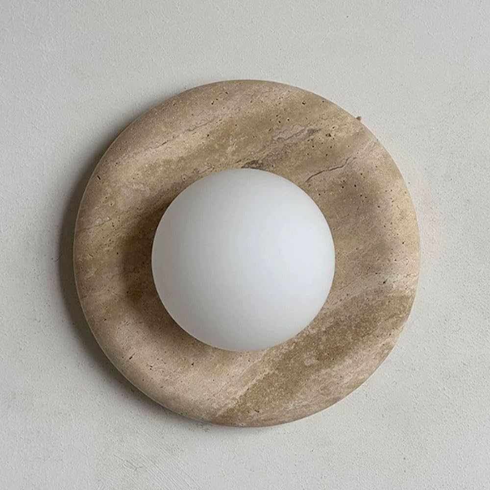 JISHUBO G9 Light Source Spherical Glass Lampshade Wall Light, Wabi Sabi Style Wall Sconce, Natural Yellow Travertine Wall Lamp, Restaurant Living Room Balcony Wall Mounted Light Fixtures