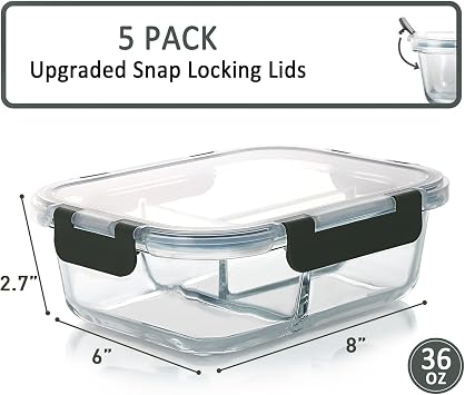 M MCIRCO 5 Pack,36 oz, 3 Compartments Glass Meal Prep Containers with Lids